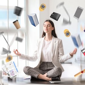 Different things flying around young businesswoman meditating in office